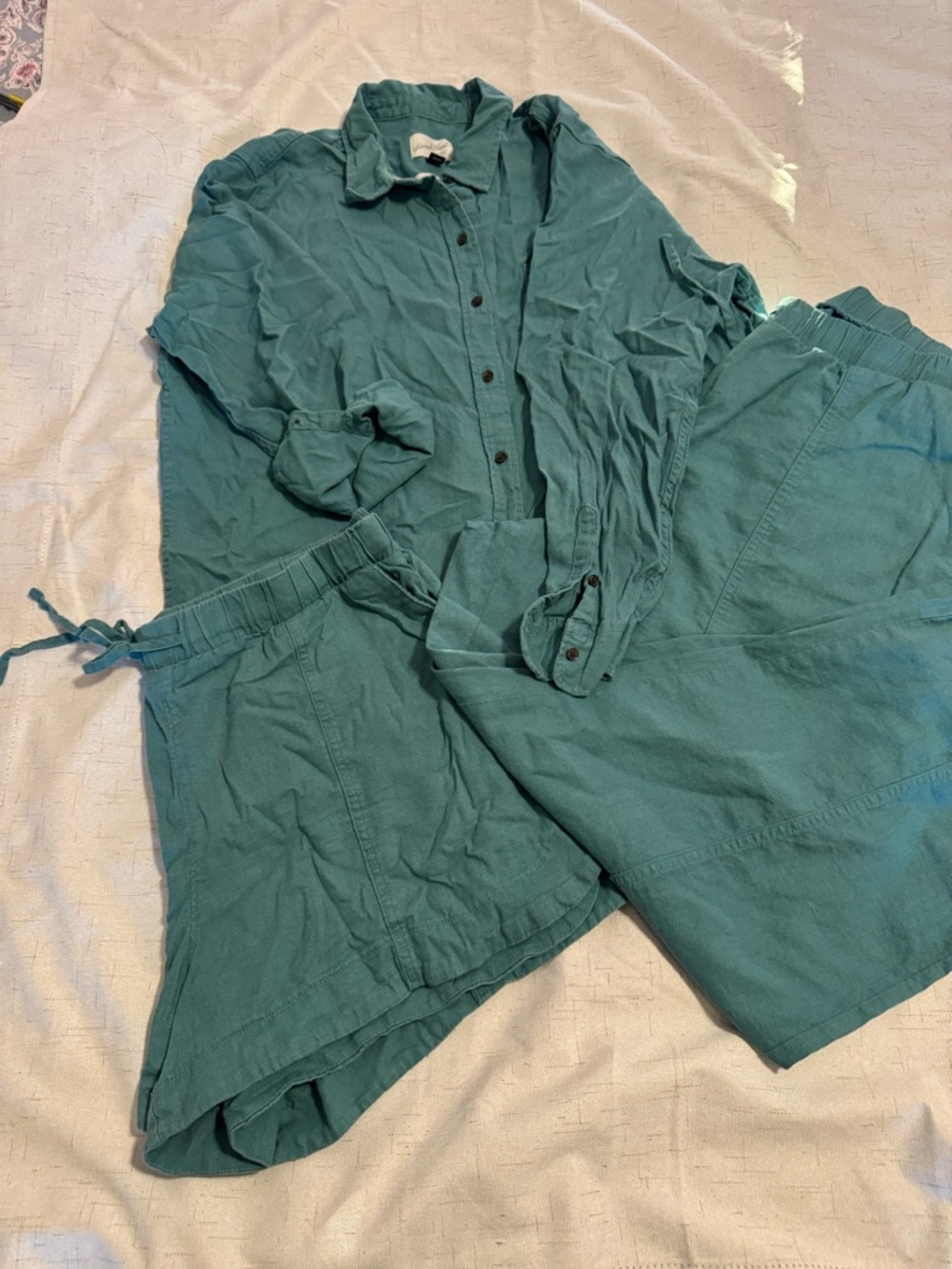 Universal Thread Teal Button-Up Shirt with Wide Leg Drawstring Pants and Shorts